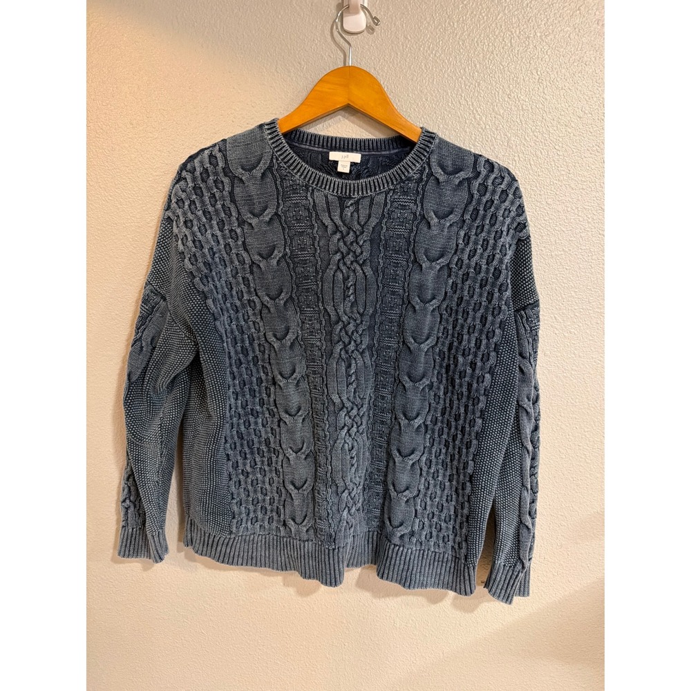 J. Jill Cable Knit Sweater Womens Large Blue‎ 100% Cotton Crew Neck Pullover